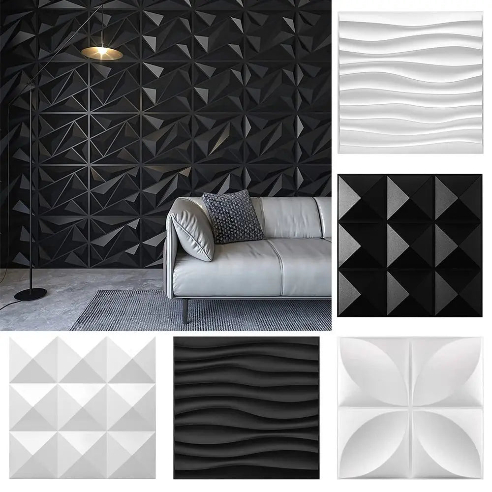 Modern white 3D geometric accent wall with sofa in living room