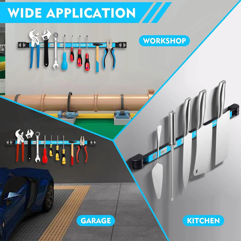 Magnetic tool holder strips used in workshop, garage, and kitchen settings for tool and knife storage
