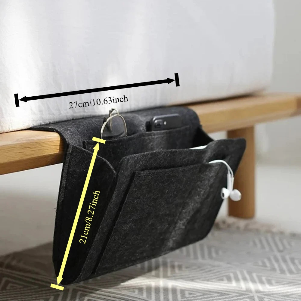 close-up measurement of black felt bed caddy showing 27cm by 21cm size