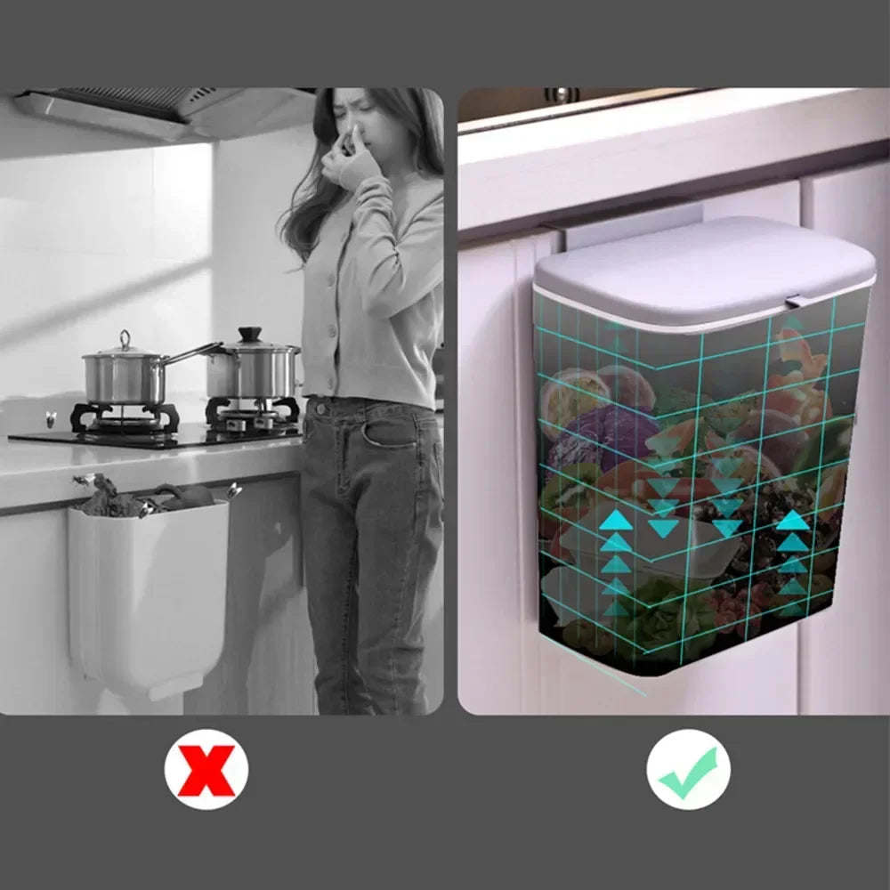 Comparison showing an open trash bin causing odors and a closed wall-mounted trash bin containing waste