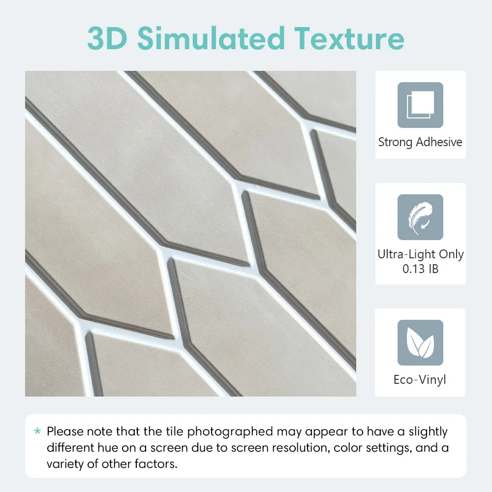 detail of 3D simulated texture with strong adhesive peel and stick wall tile