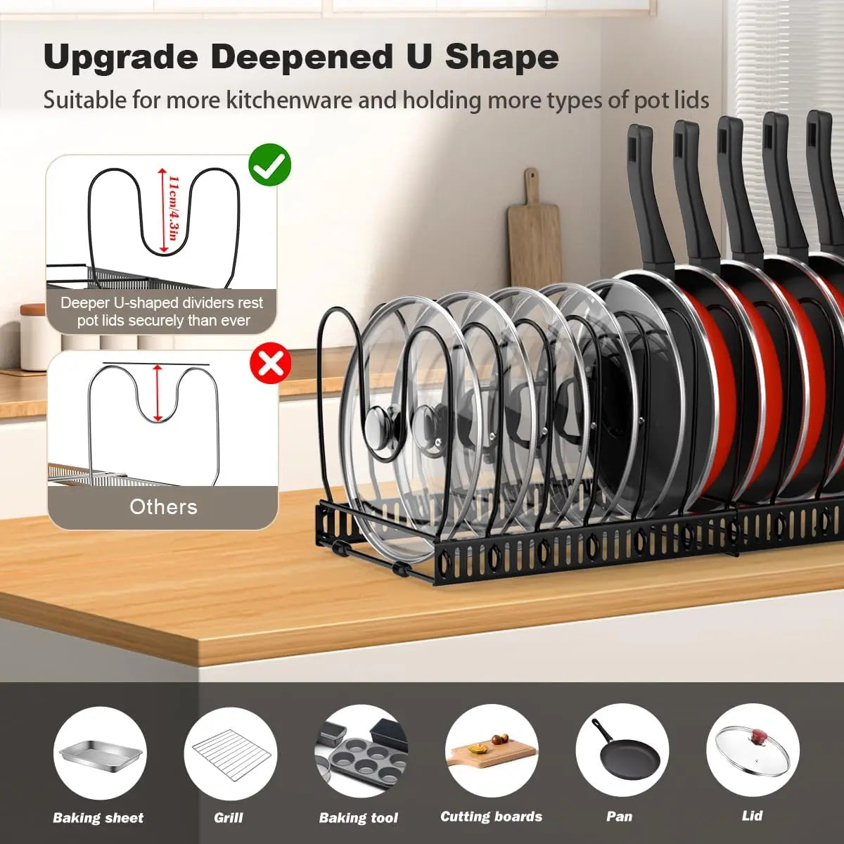 Pot and pan organizer on a kitchen counter with emphasis on deep U-shaped pan lid dividers and icons showing use for baking sheets, pans, cutting boards, and lids