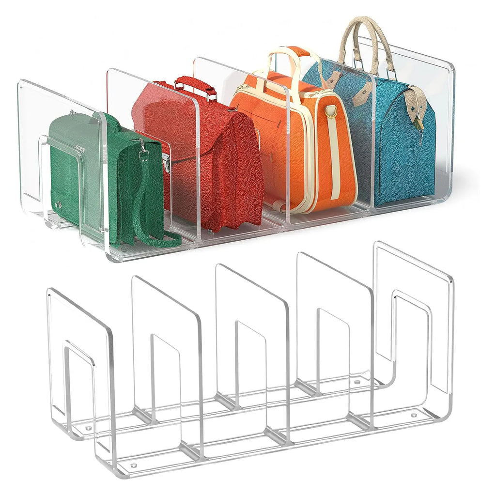 Clear organizer with purses and handbags displayed upright in the compartments
