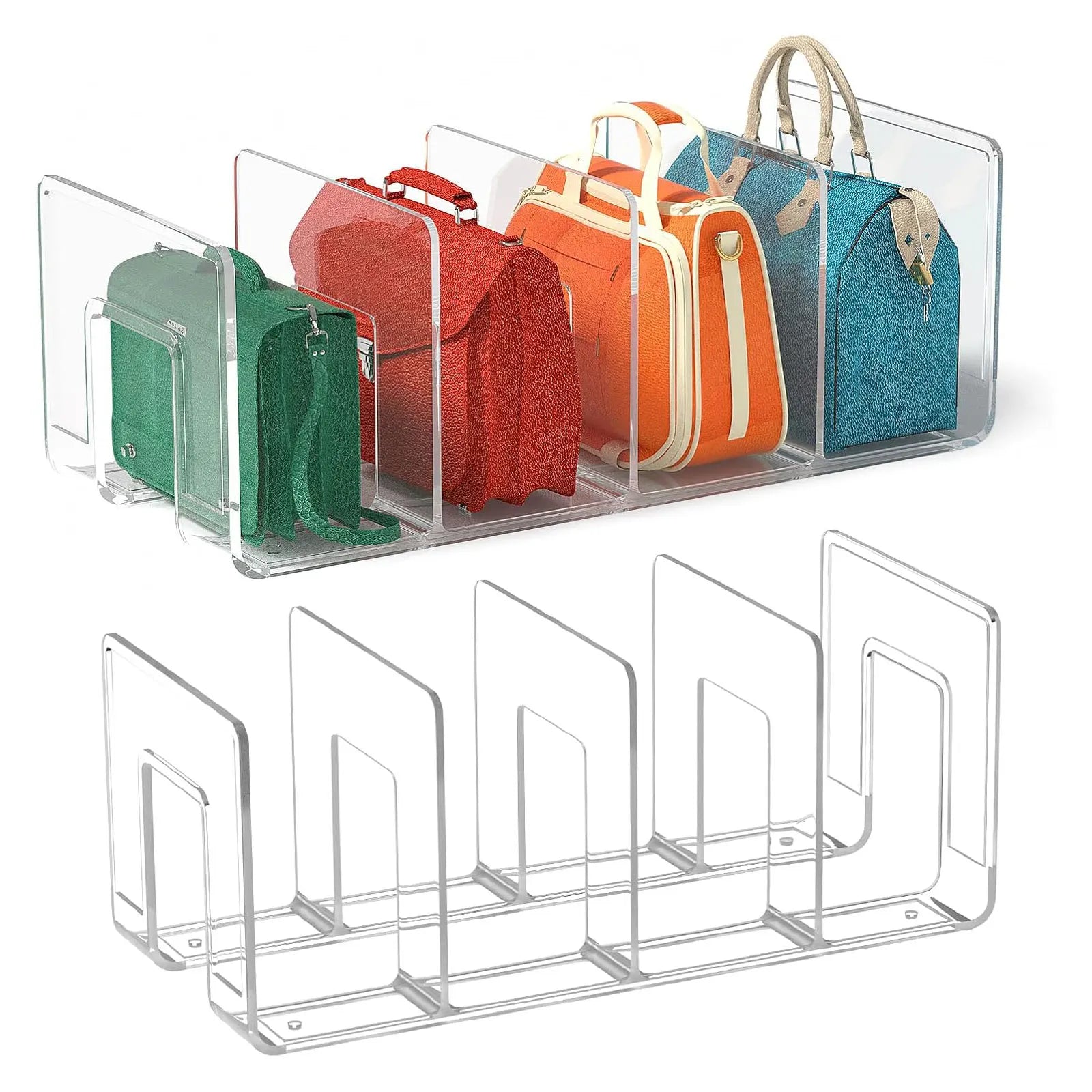 Clear organizer with purses and handbags displayed upright in the compartments