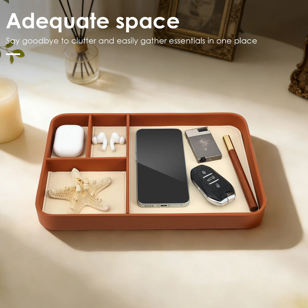 4-Compartment PU Leather Catchall Tray for Desk or Bedside