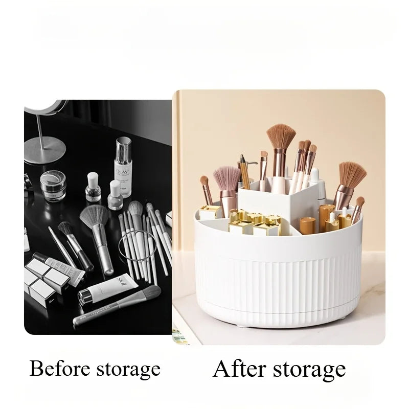 Before and after comparison showing a cluttered surface versus organized with the rotating makeup organizer