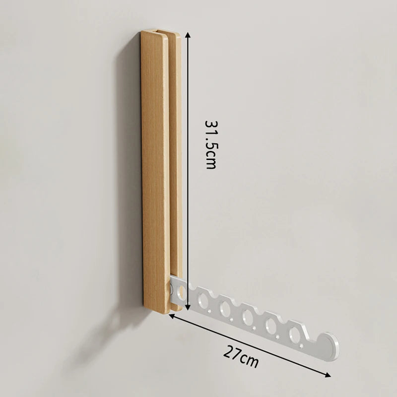 Walnut Wood Wall-Mounted Foldable Clothes Drying Rack with Windproof Hanger Slots for Bedroom, Laundry, or Balcony
