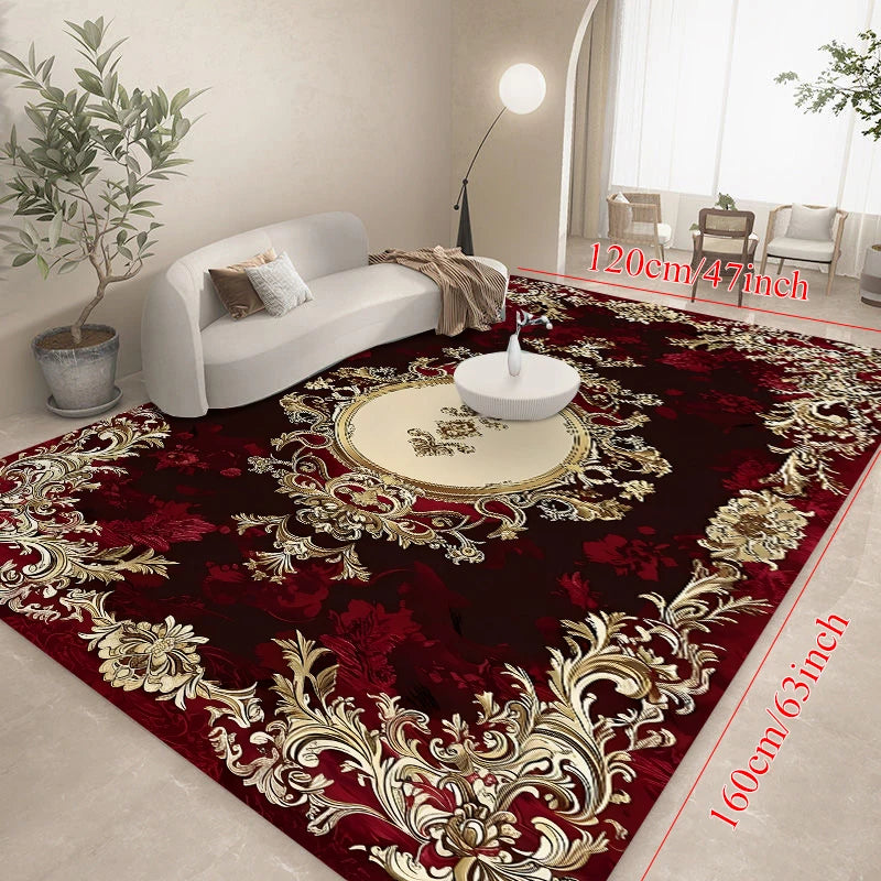 large rectangular burgundy baroque area rug with medallion pattern in spacious living room, size shown as 120cm by 160cm