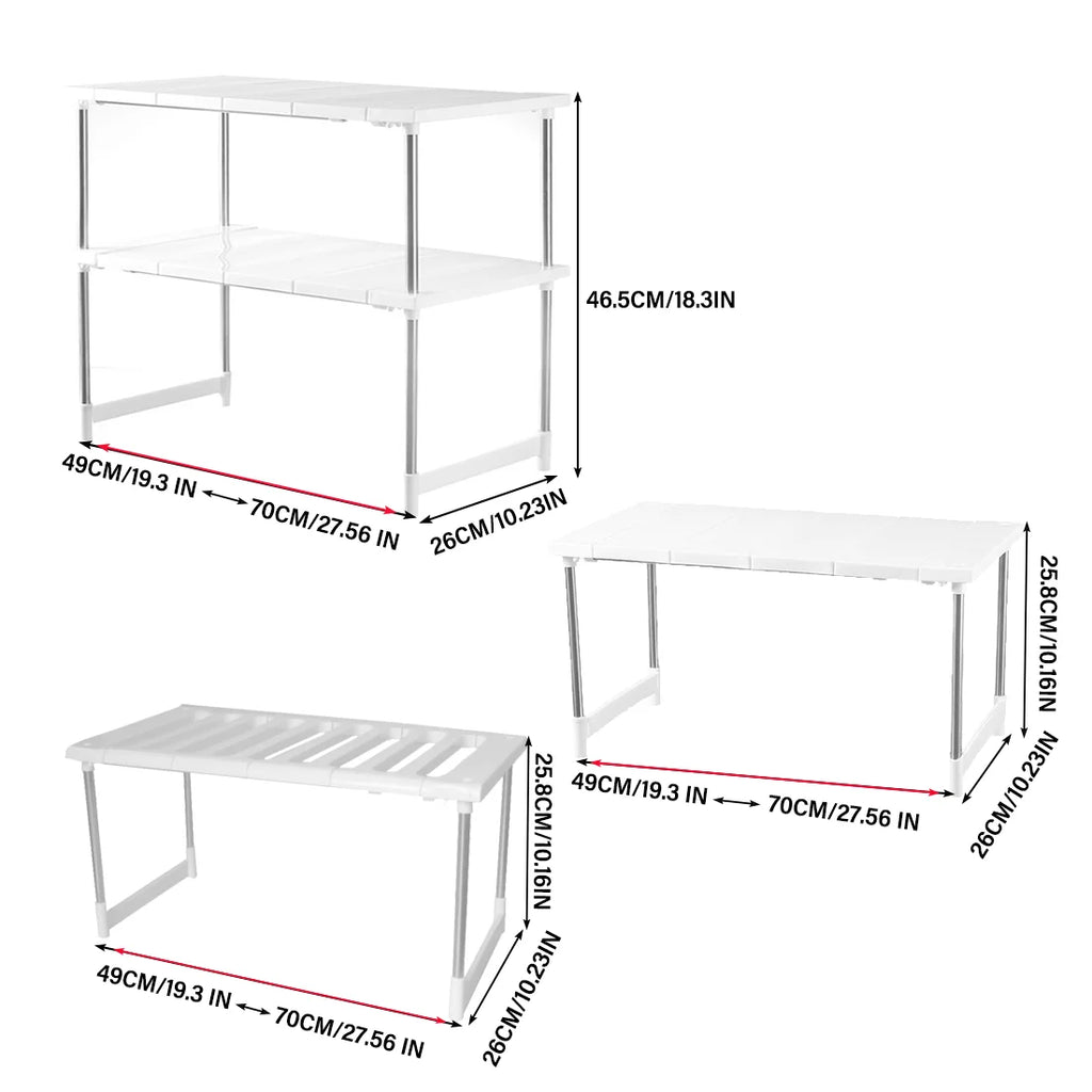 Dimensions of expandable kitchen shelf organizer in centimeters and inches