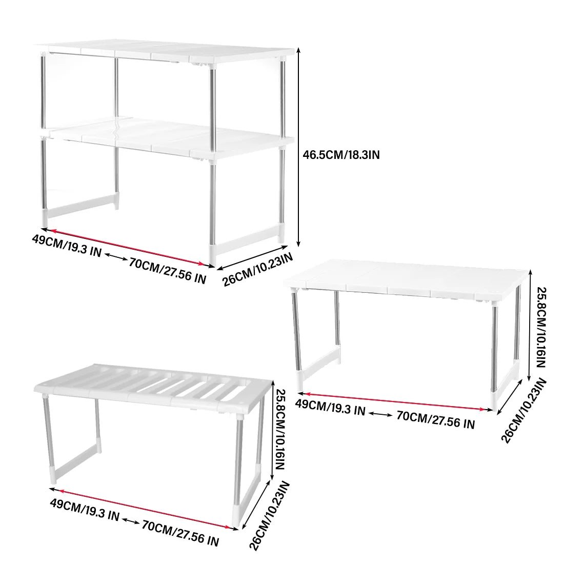 Dimensions of expandable kitchen shelf organizer in centimeters and inches