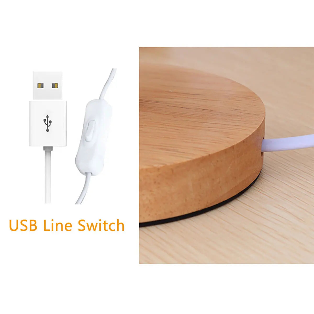 Detail view of USB plug and line switch next to the lamp wood base