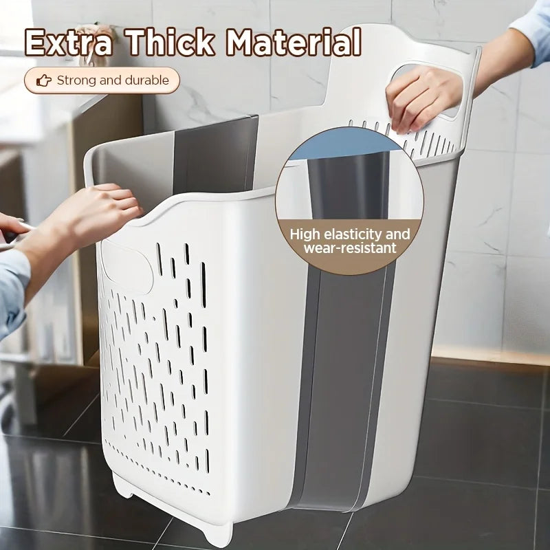 Person handling extra-thick PVC laundry basket with grey accents and perforated design