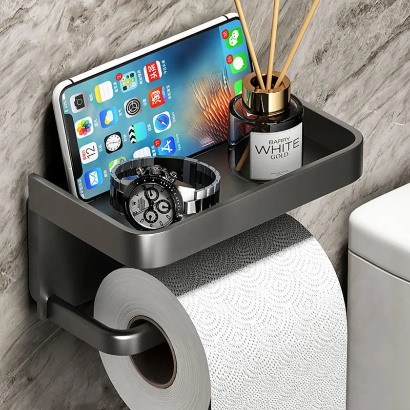 Aluminum Wall-Mounted Toilet Paper Holder with Storage Shelf for Bathroom Organization