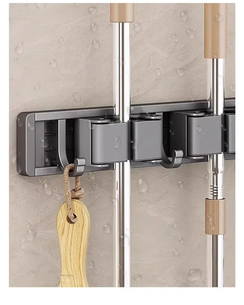 Wall-Mounted Broom and Mop Organizer Rack with Side Hooks – Grey