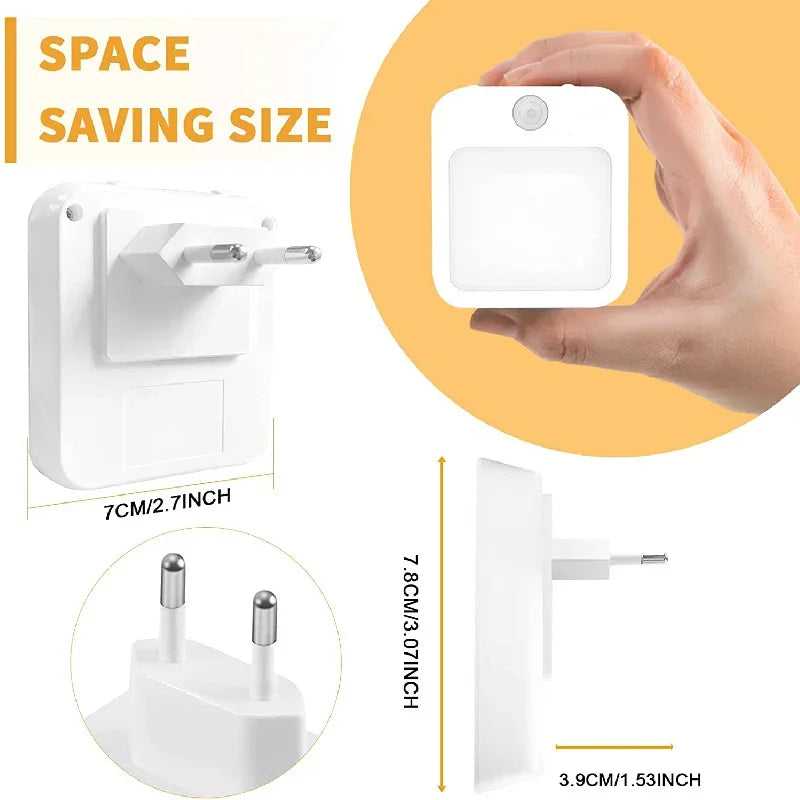 Hand holding white plug-in night light showing compact size and dimensions