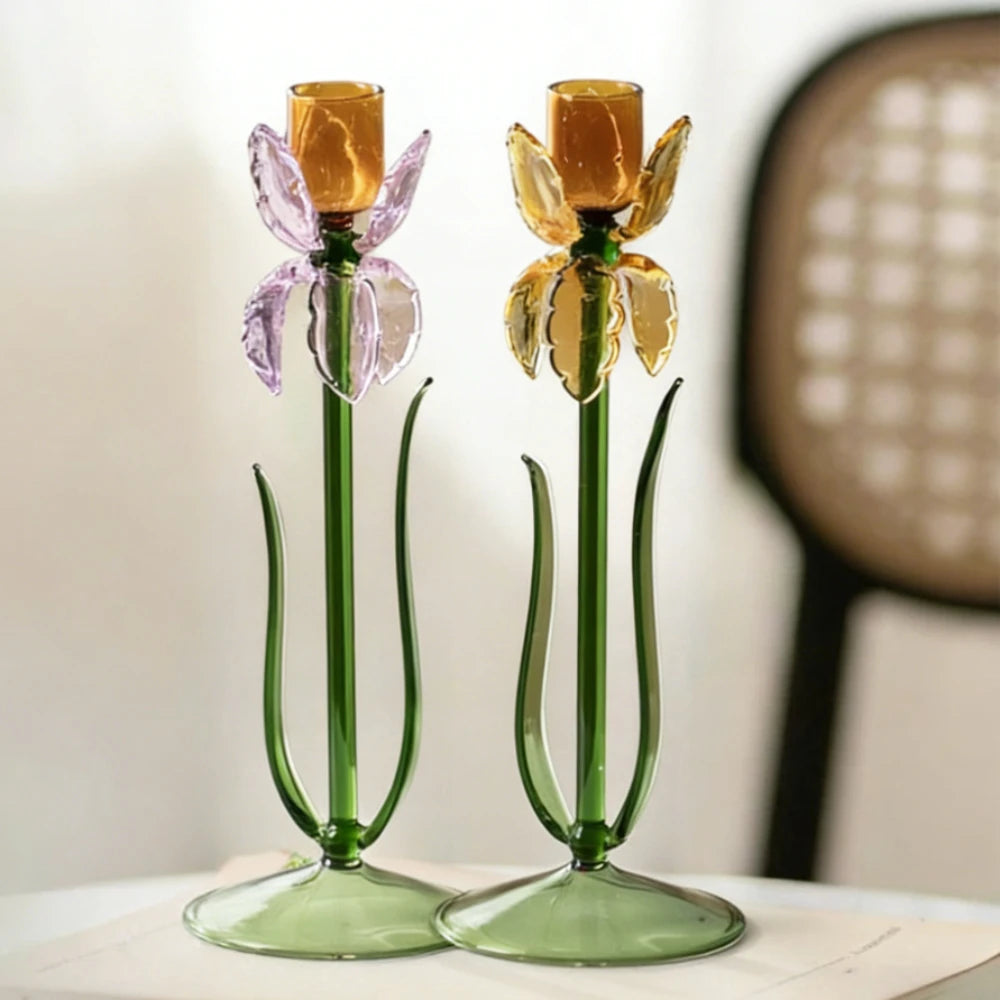 Iris Flower Glass Taper Candle Holder for Dining Table & Cozy Decor, Pink or Yellow