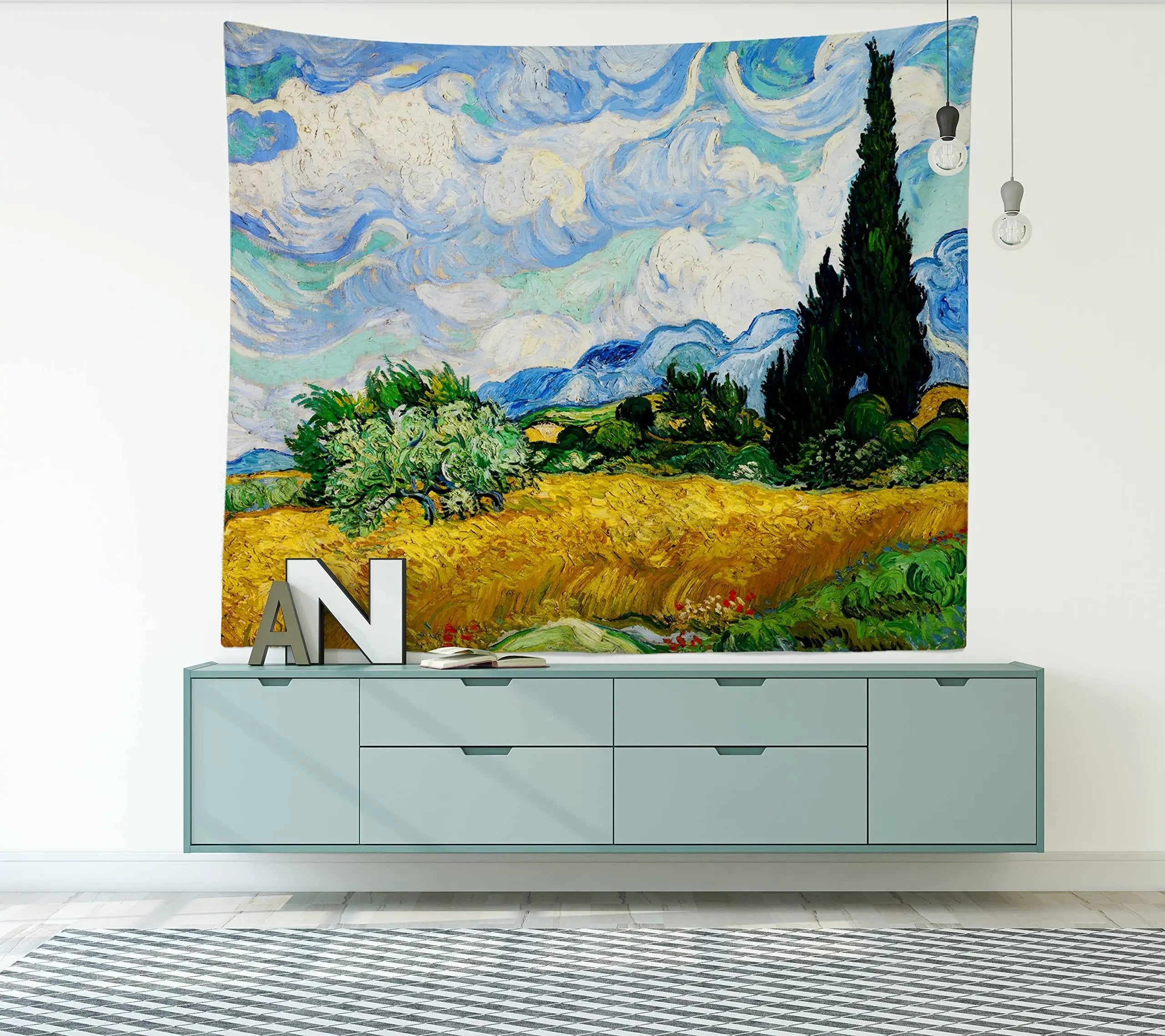 Van Gogh-inspired wheat field and cypress wall tapestry in a neutral room