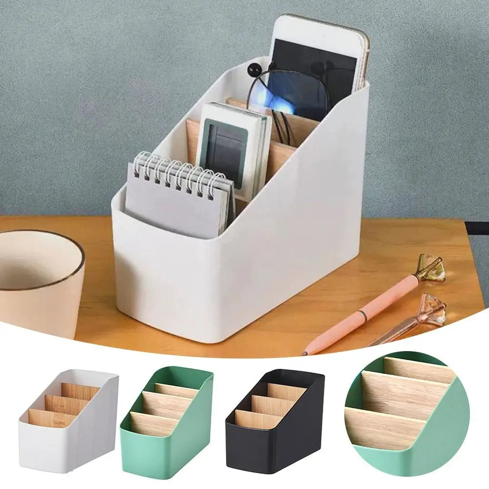 White, green, and black tiered desk organizers with wood dividers, shown in use and close-up