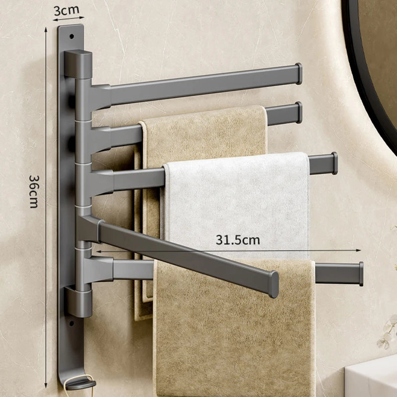 Wall-Mounted Rotating Aluminum Towel Rack for Bathroom or Kitchen – 2 to 5 Bars, Space-Saving Hanger in Black, Gray, or White