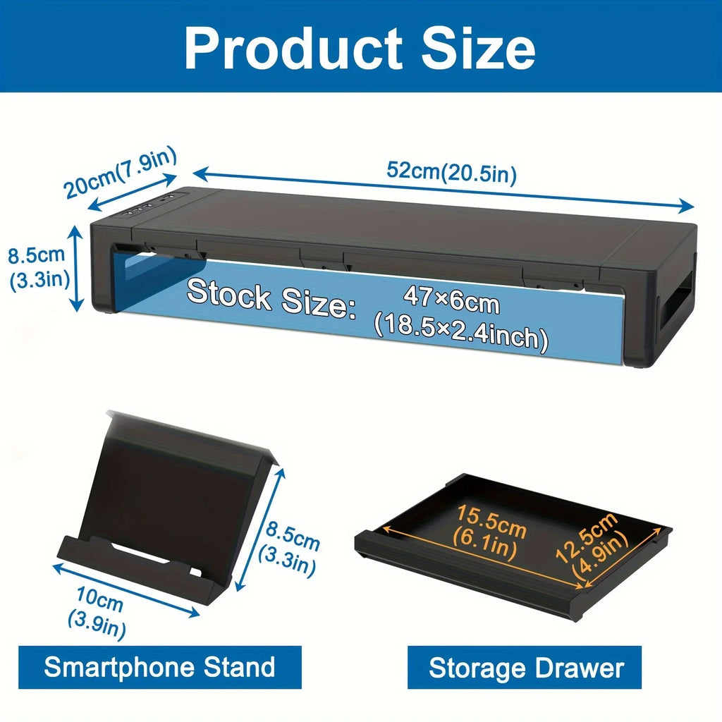 Adjustable Monitor Riser with Drawer and USB Hub for Home Office