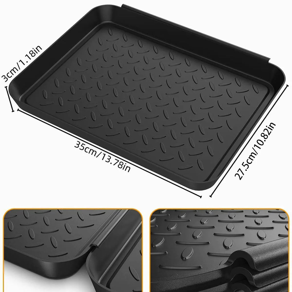 Black plastic boot tray with raised edge, showing approximate size of 35 x 27.5 cm