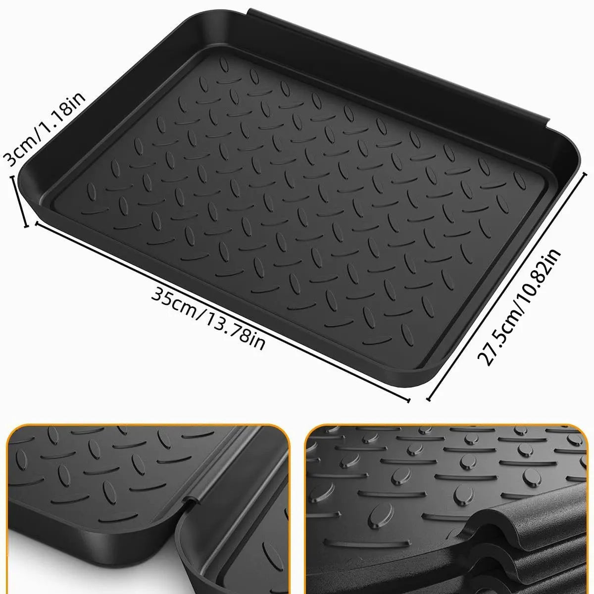 Black plastic boot tray with raised edge, showing approximate size of 35 x 27.5 cm