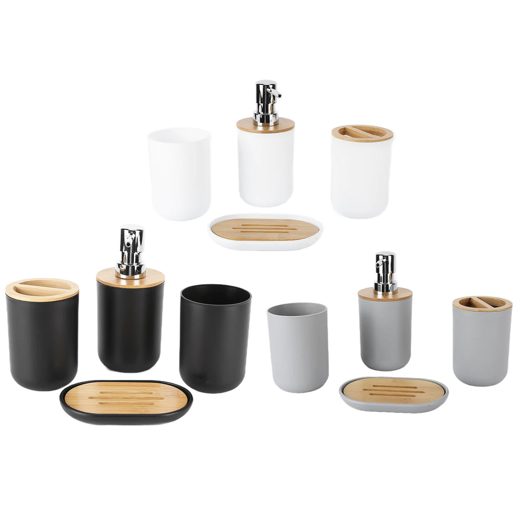 Bathroom accessory sets in all color options grouped together, each showing soap dispenser, toothbrush holder, tumbler, and soap dish with bamboo lids