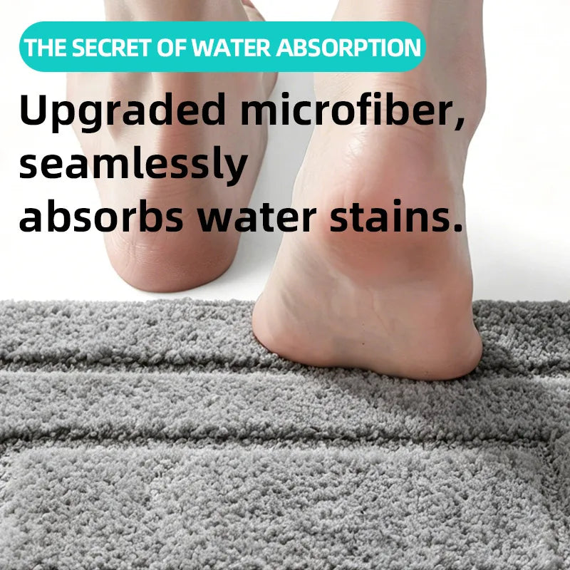 Bare feet stepping on a soft, absorbent gray mat with text overlay