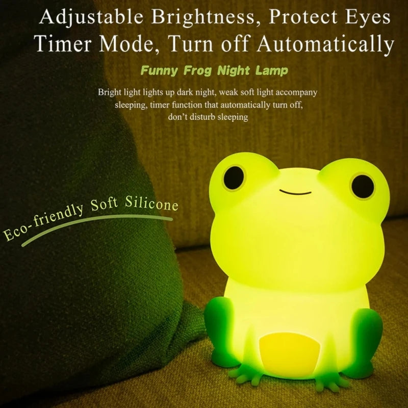 Frog silicone night light on sofa giving off soft yellow glow