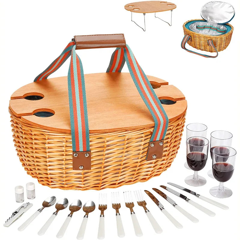 Woven Picnic Basket with Insulated Liner and Portable Table Lid