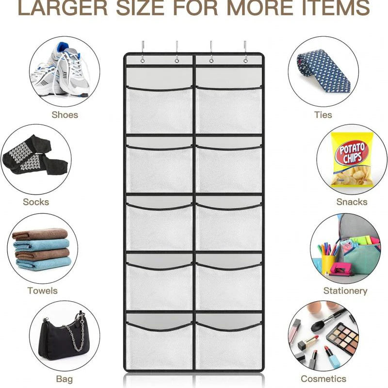 10-pocket organizer with labeled uses for shoes, socks, towels, ties, snacks, and cosmetics