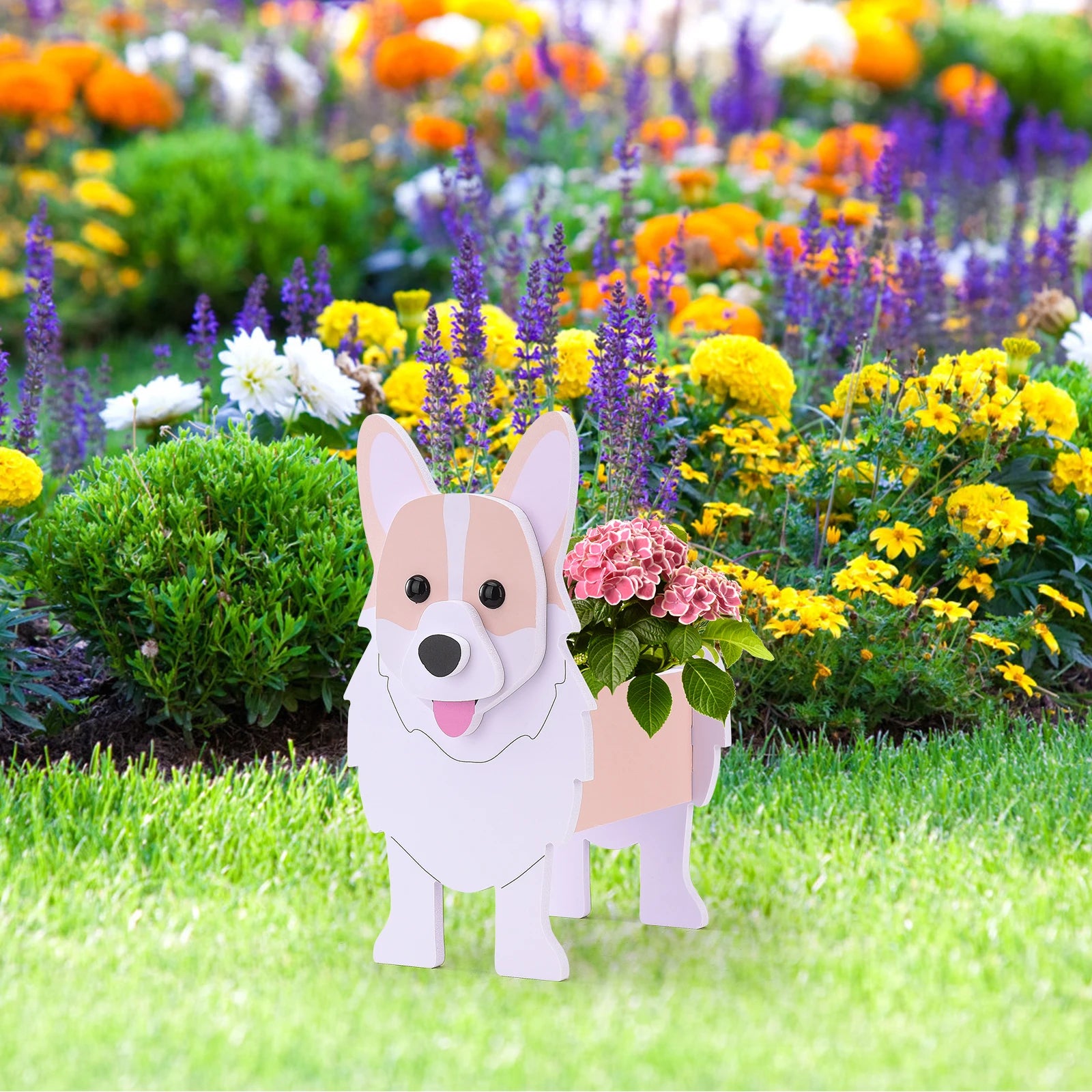 corgi dog shaped planter with flowers in a colorful garden