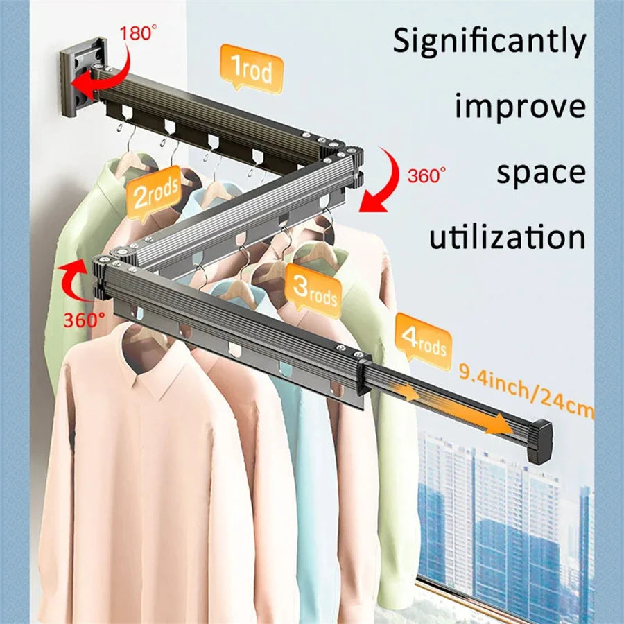 diagram showing foldable clothes drying rack with multiple rotating rods for space saving