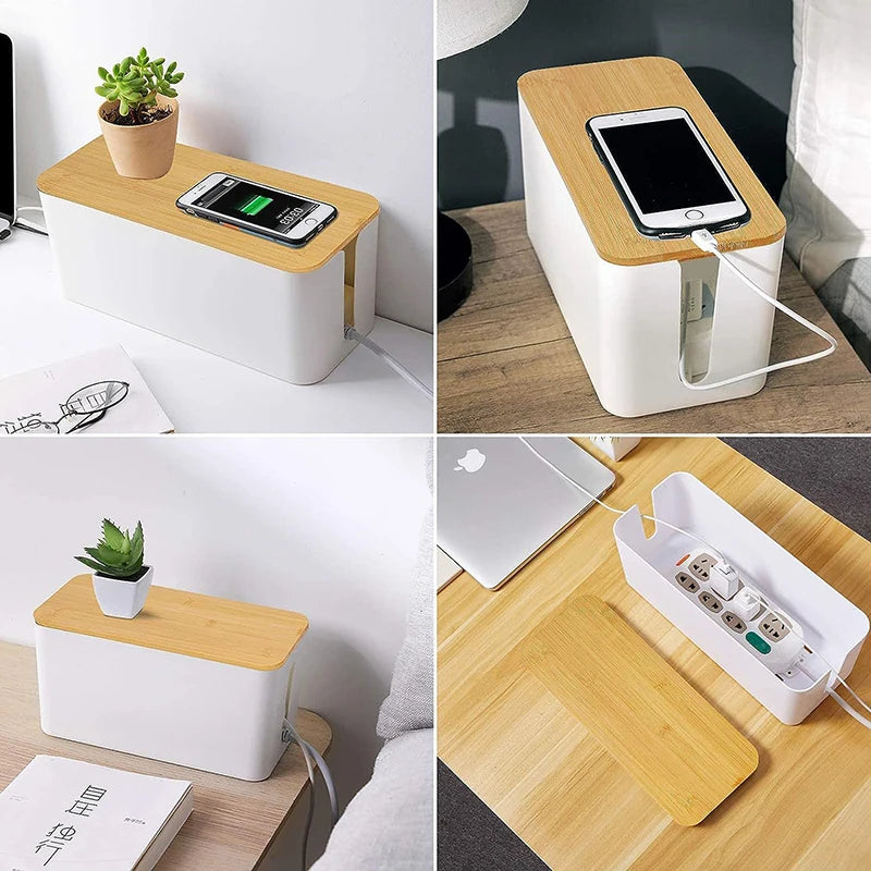 Cable Management Box with Wood Grain Lid – Home & Office Cord Organizer