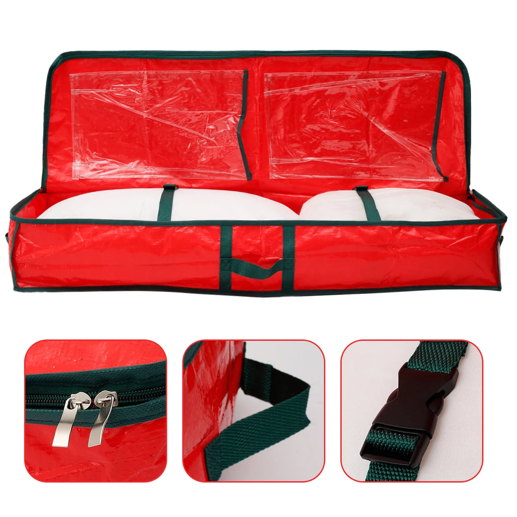 Red fabric storage bag with clear pockets, internal straps, zipper, handle, and buckle closeups displayed.