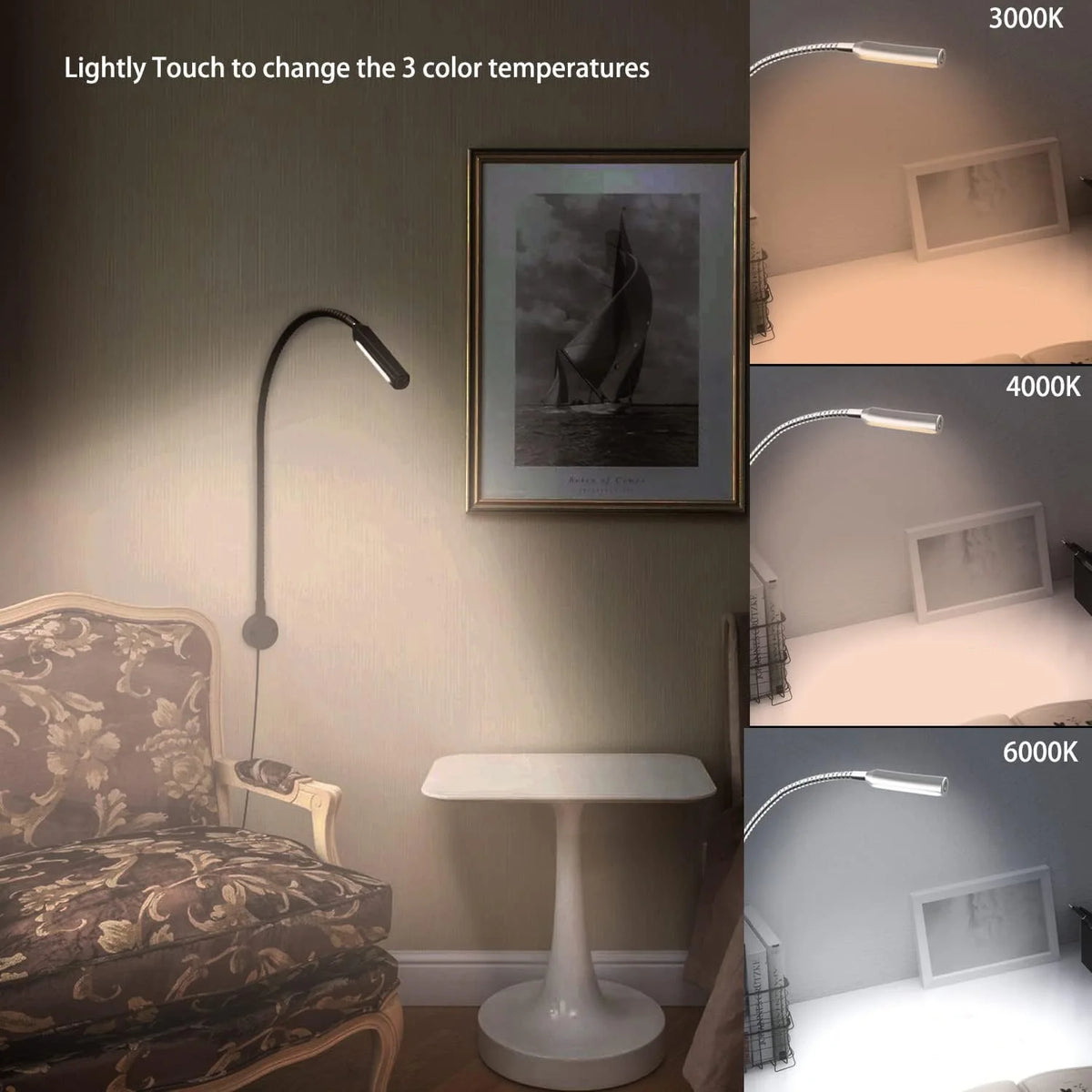 Wall mounted lamp casting adjustable light over a reading area, demonstrating three color temperature settings (3000K, 4000K, 6000K)