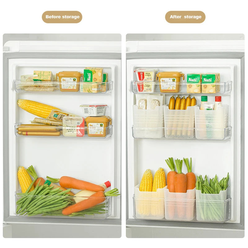 Before and after fridge organization showing neat produce and groceries sorted in clear bins versus unorganized shelves