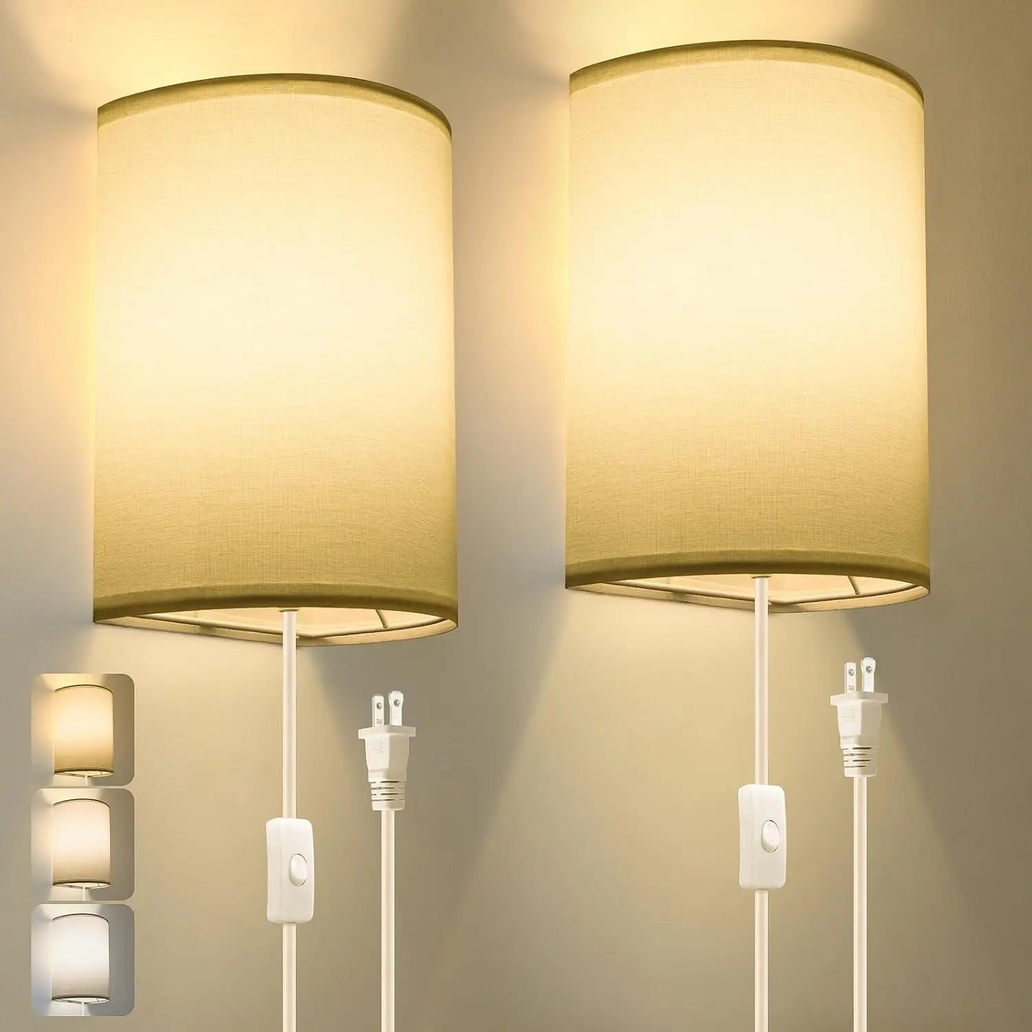 Pair of beige plug-in wall sconce lamps with fabric shades, showing warm LED lighting in a neutral room