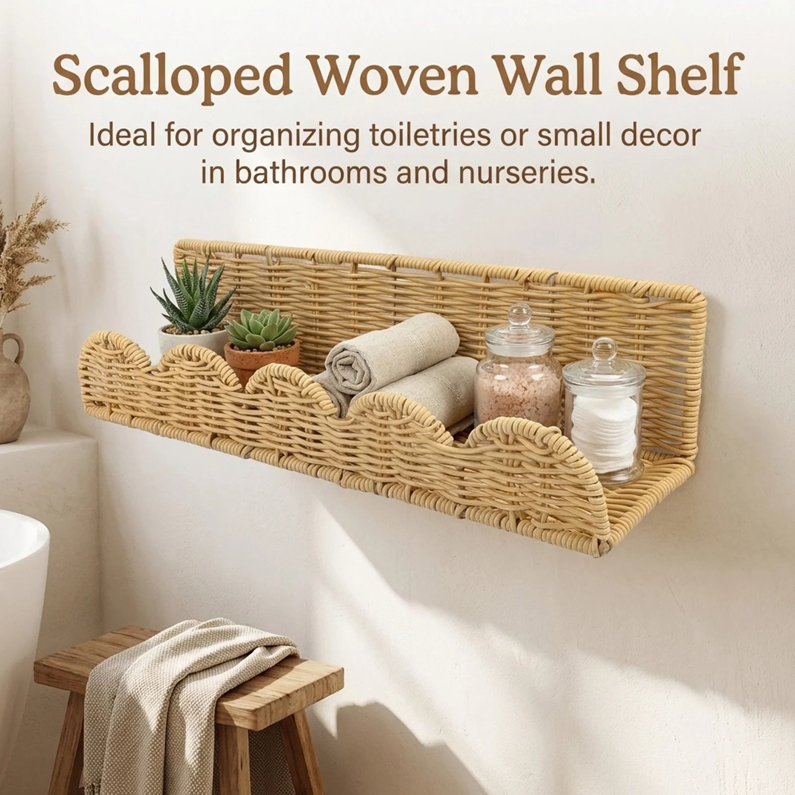 Fan-shaped woven wall shelf organizing bathroom toiletries and decor items against a light wall