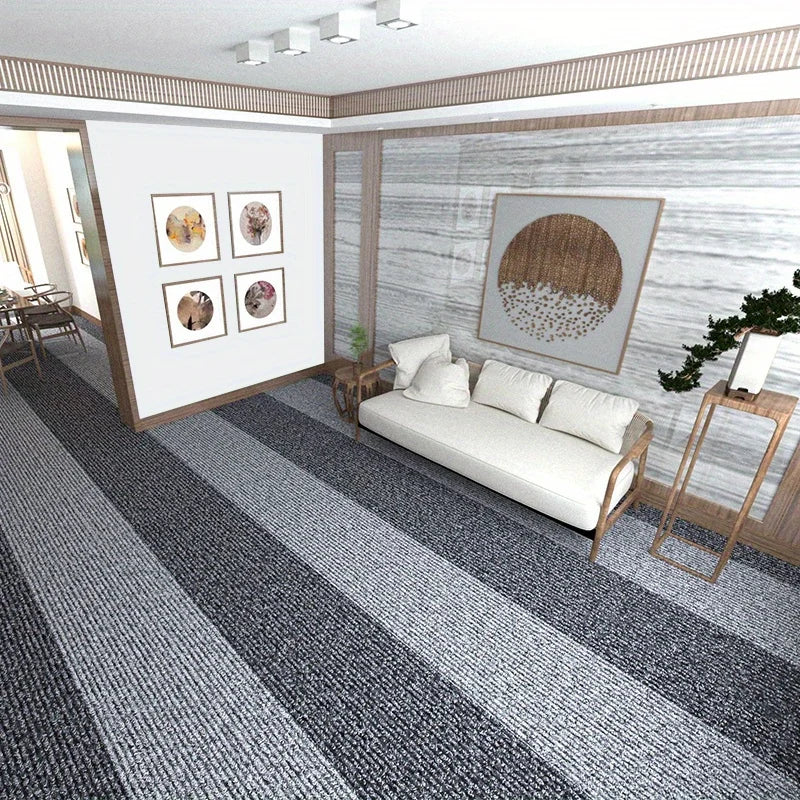 Multiple solid color runner rugs arranged in a modern living room