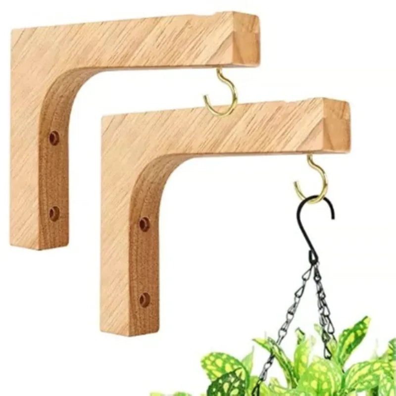 Pair of natural wood L-shaped wall plant hanger brackets with gold hooks