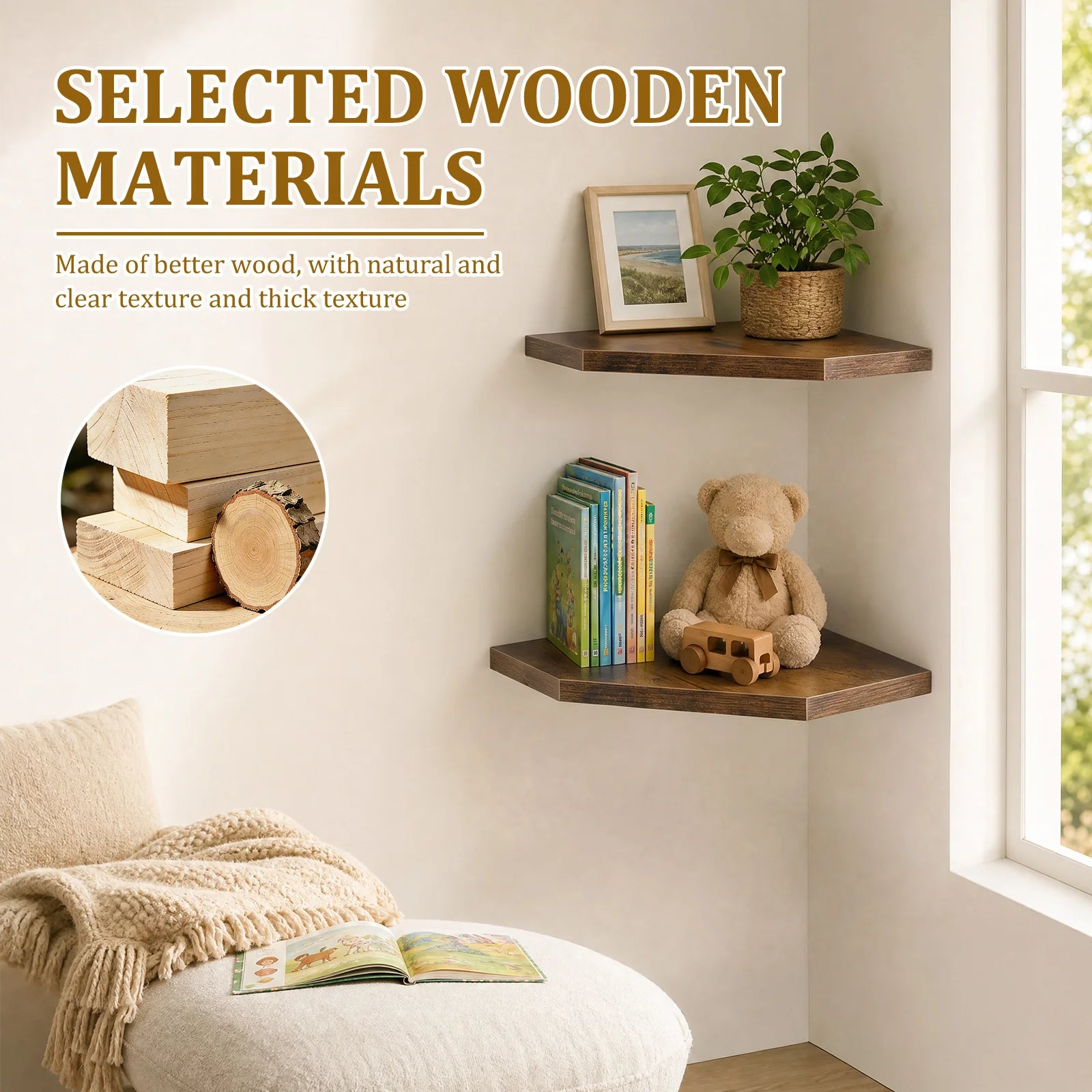 Brown wooden floating corner shelves displayed in a reading nook, styled with books, children's toys, and natural light for a cozy decor look