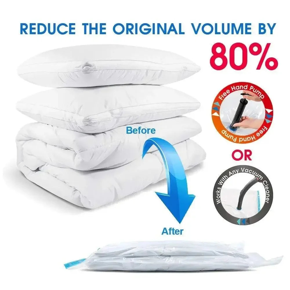 Before and after comparison using vacuum storage bags to compress bedding with vacuum or hand pump