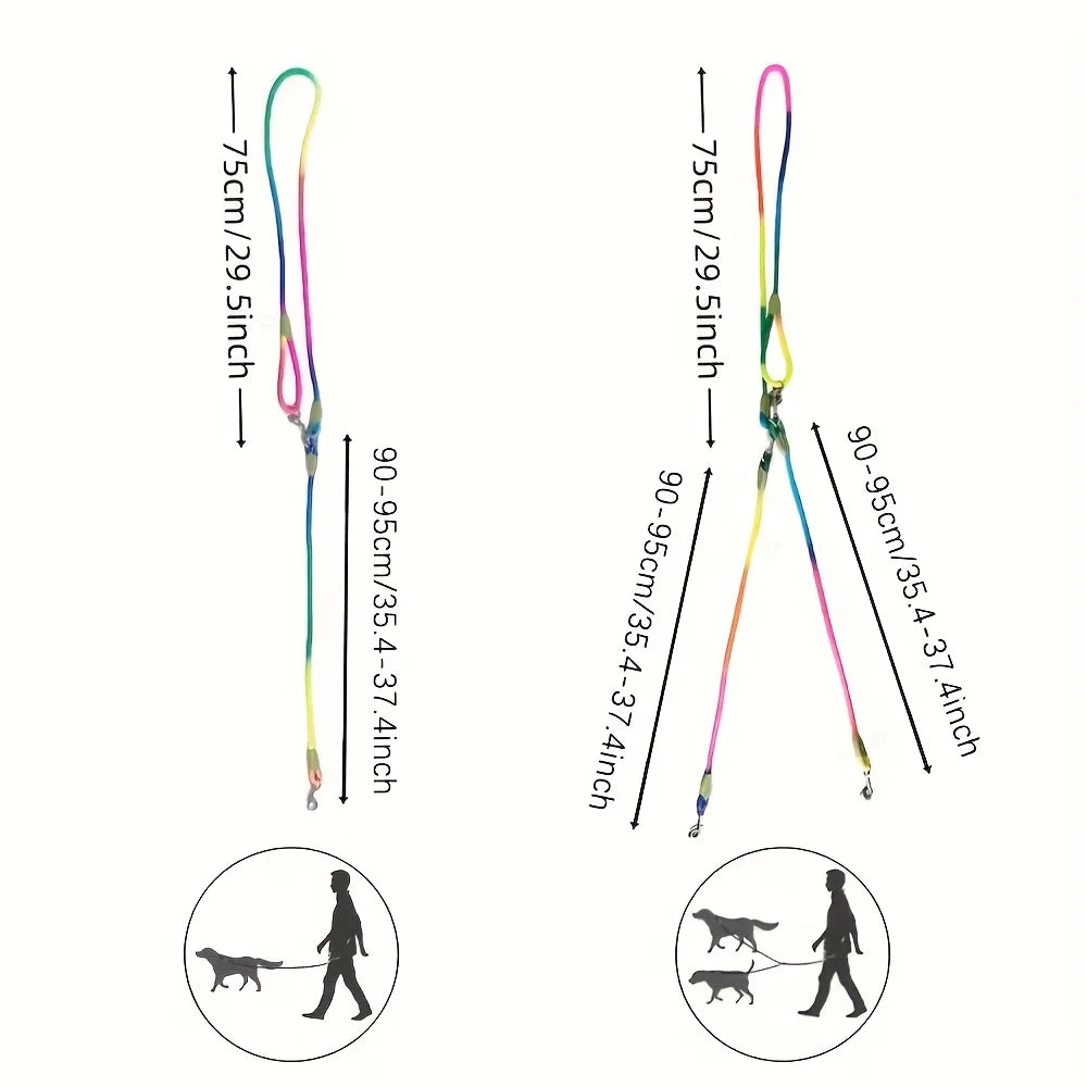 Diagram showing size and length of single and double dog leash options with measurements