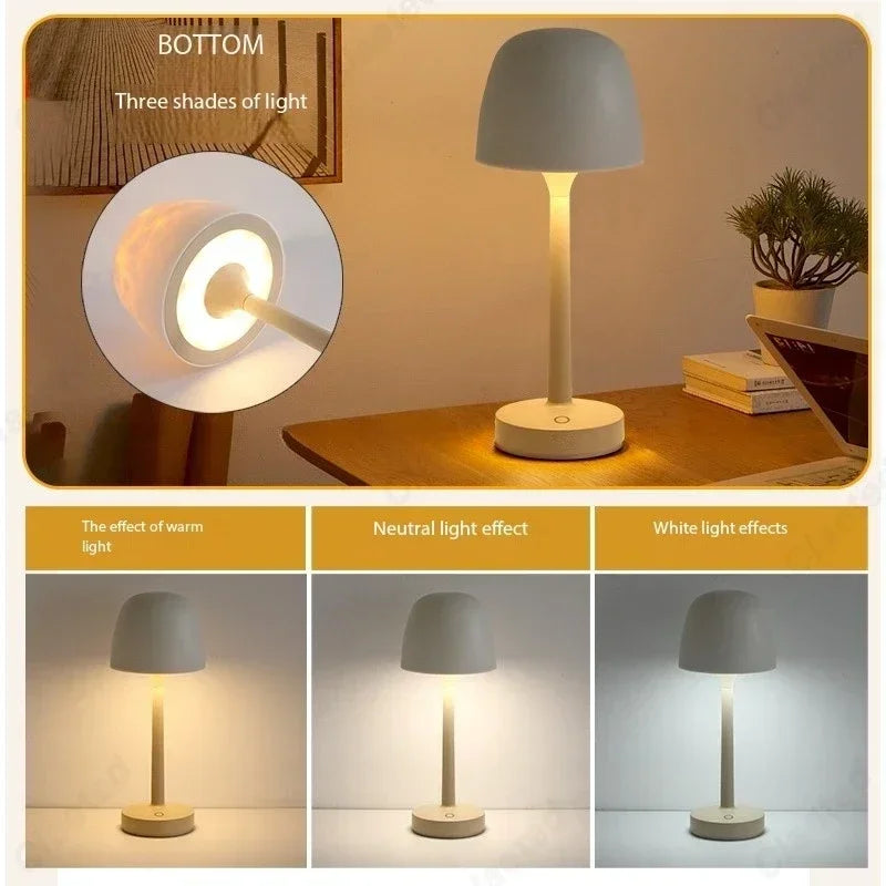 Three shades of light—warm, neutral, and white—displayed on the mushroom table lamp on a desk or nightstand