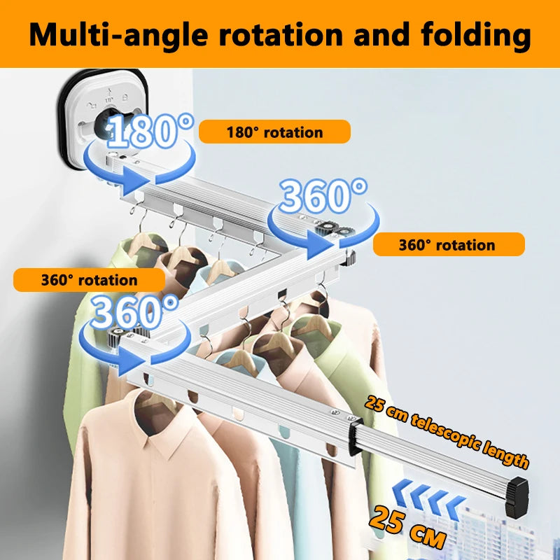 Diagram showing the folding rack's 180° and 360° rotation with labeled telescopic arm and multiple hanger hooks.