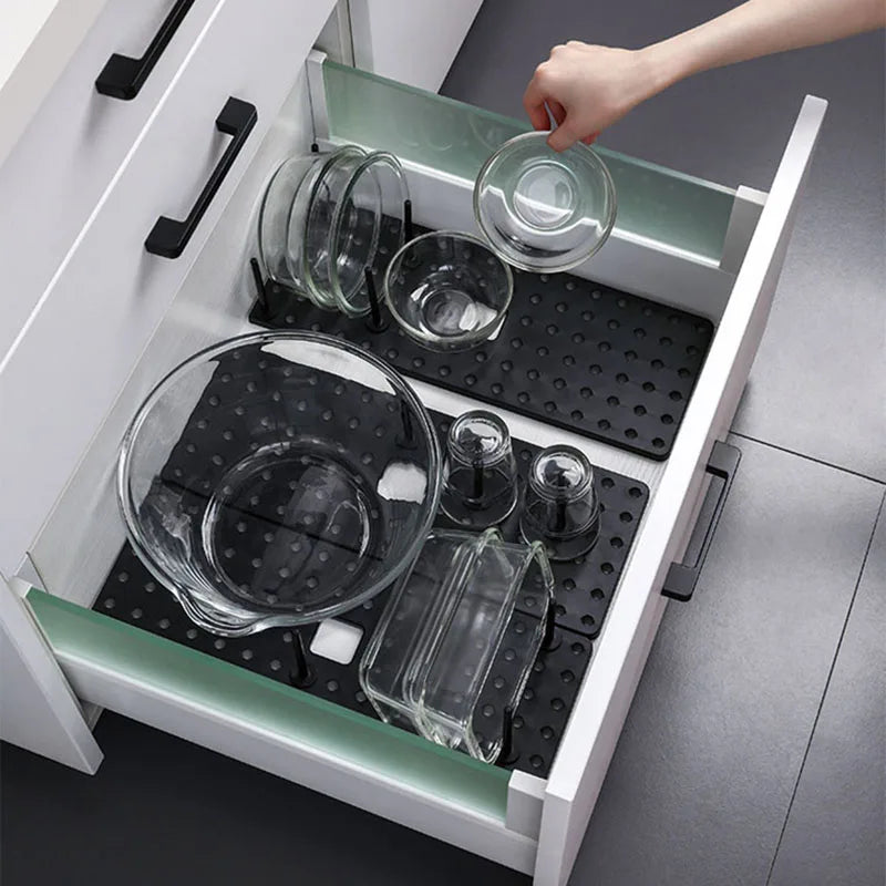 Adjustable Drawer Pegboard Plate & Bowl Organizer Rack for Kitchen Cabinets in Light Grey