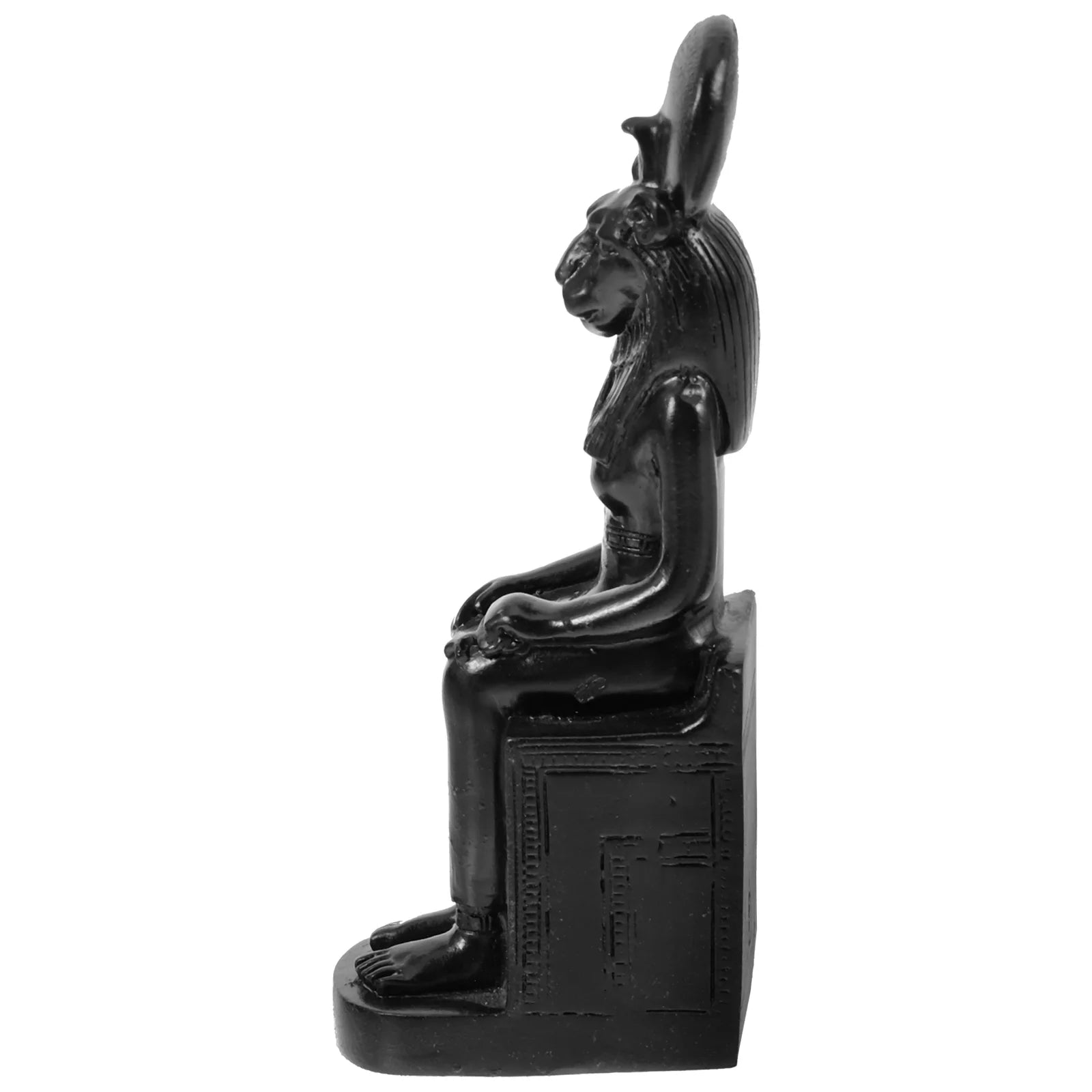 Side profile of black resin Sekhmet-inspired goddess statue showing intricate detail