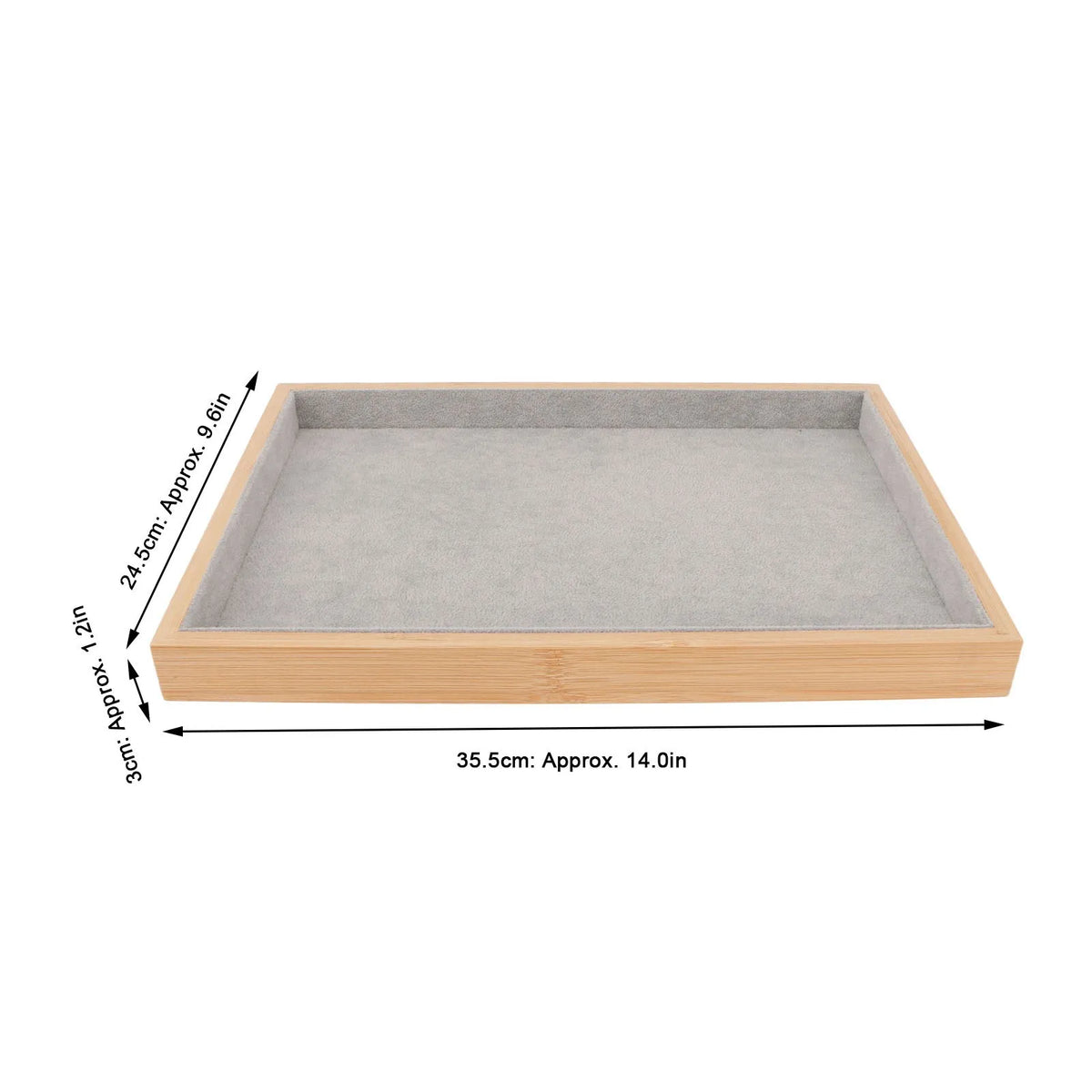 Wood and gray velvet jewelry tray with dimensions labeled in centimeters and inches