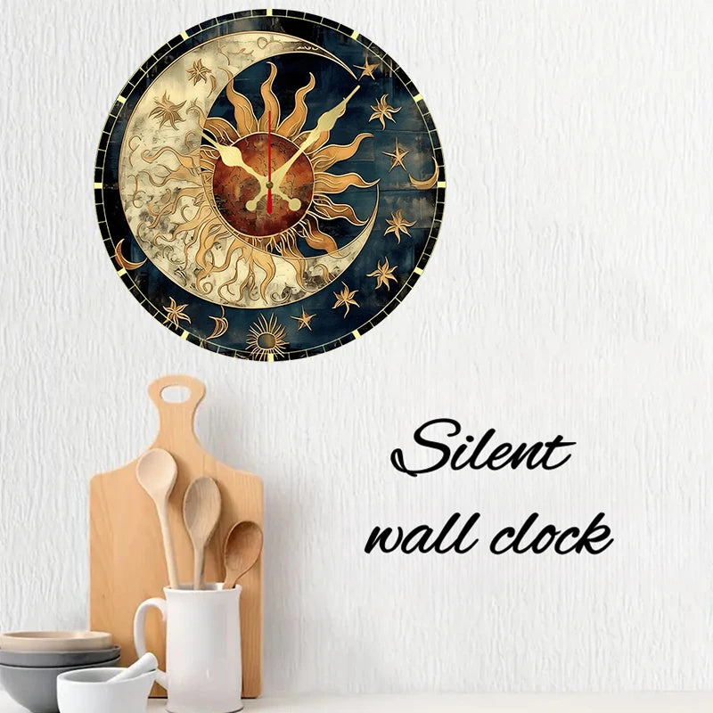 silent sun and moon wall clock displayed on a kitchen wall